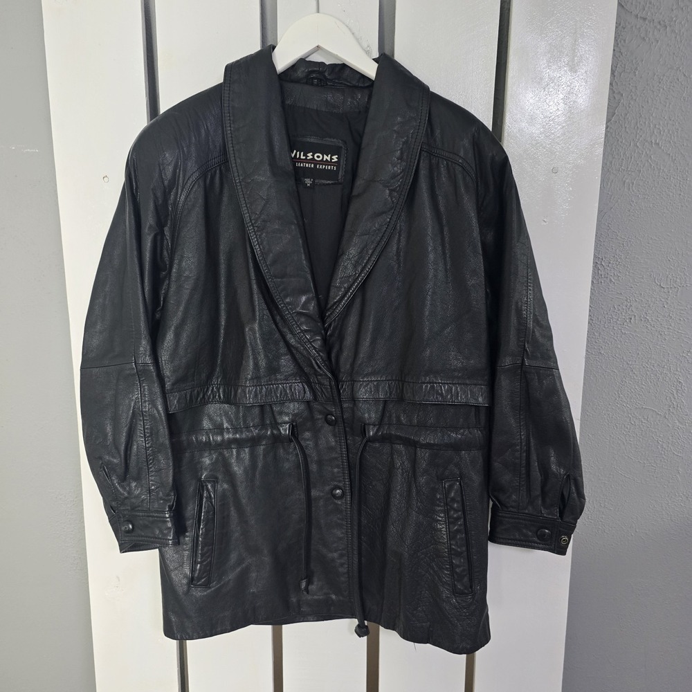 Wilson Leather Jacket Women M Black Button‎ Drawstring Tie Shawl Biker 90s City